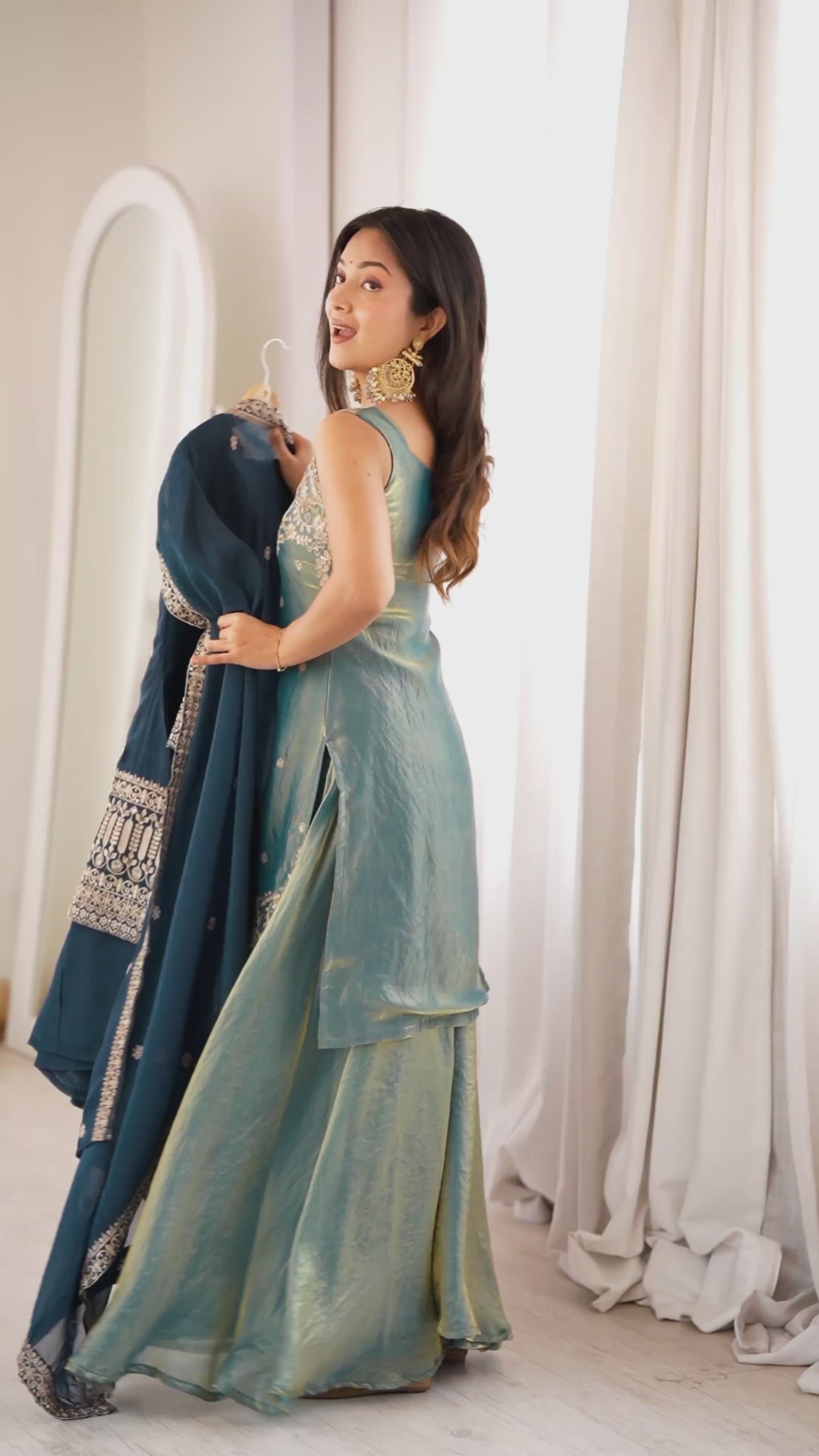 CRUNCHY SILK FABRIC WITH EMBROIDERY SEQUENCE AND JARI WORK,TOP WITH DUPPTA SET,BELL BOTTOM PENT
