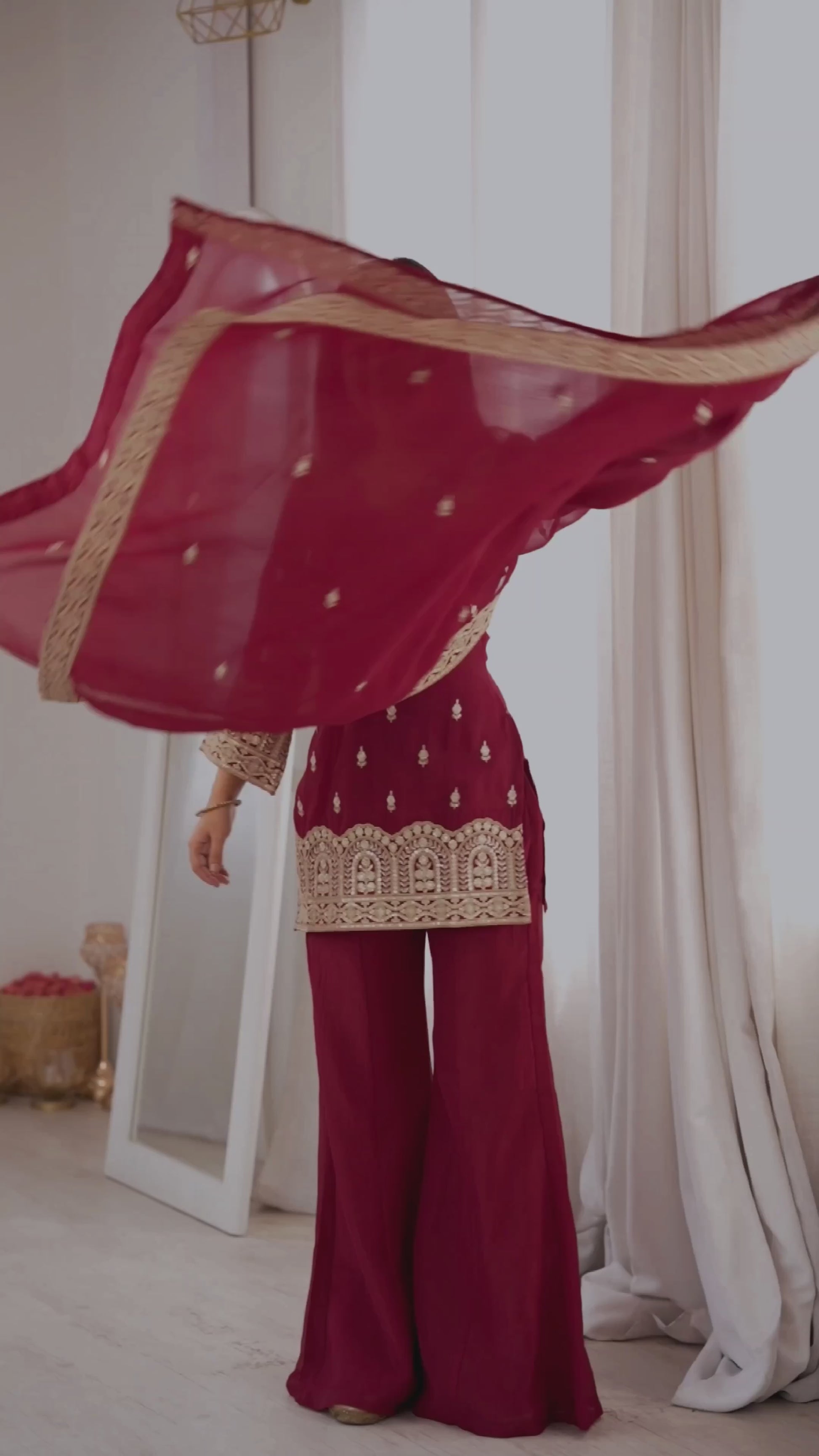CRUNCHY SILK FABRIC WITH EMBROIDERY SEQUENCE,DORI AND JARI WORK,TOP WITH DUPATTA SET,BELL BOTTOM PENT