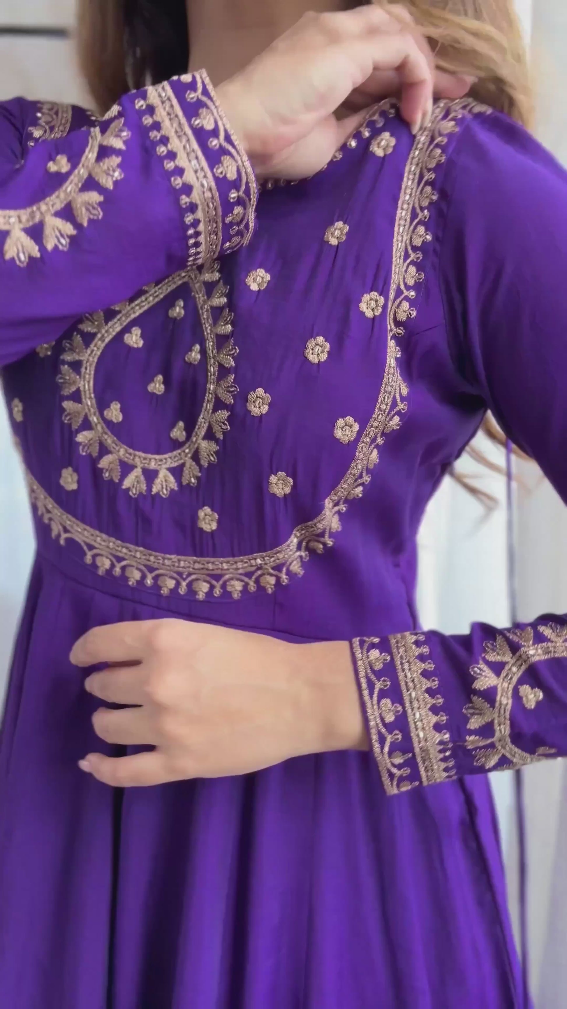 Pure Roman Chanderi Silk 16-Kali 4-Meter Flared Anarkali Set with Handwork Beads Yoke, Pant & Embroidered Dupatta