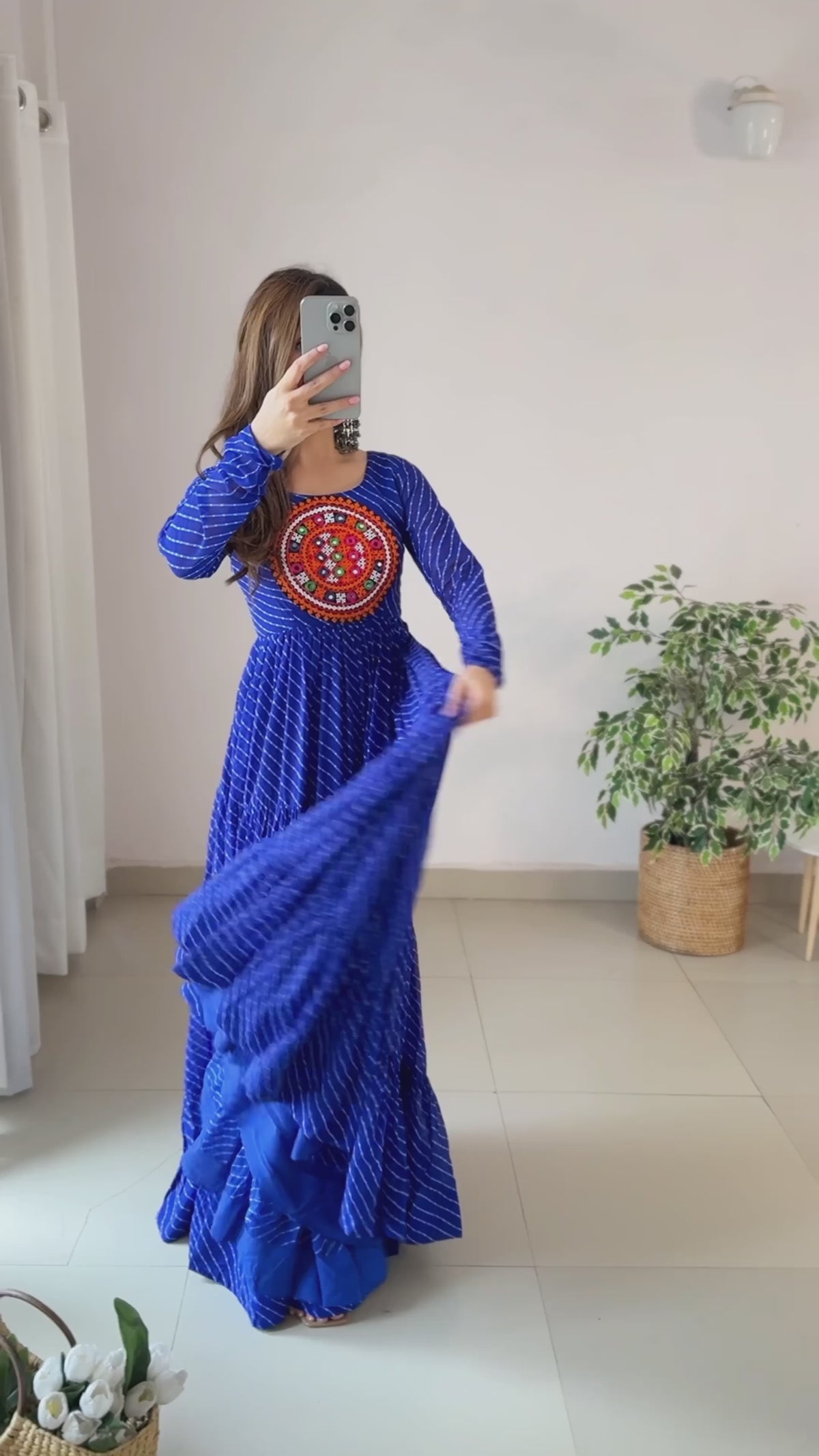 Pure Soft Fox Georgette Laheriya Print 7+ Meter Flared Anarkali Gown with Gamthi Yoke Patch & Back Dori Pattern
