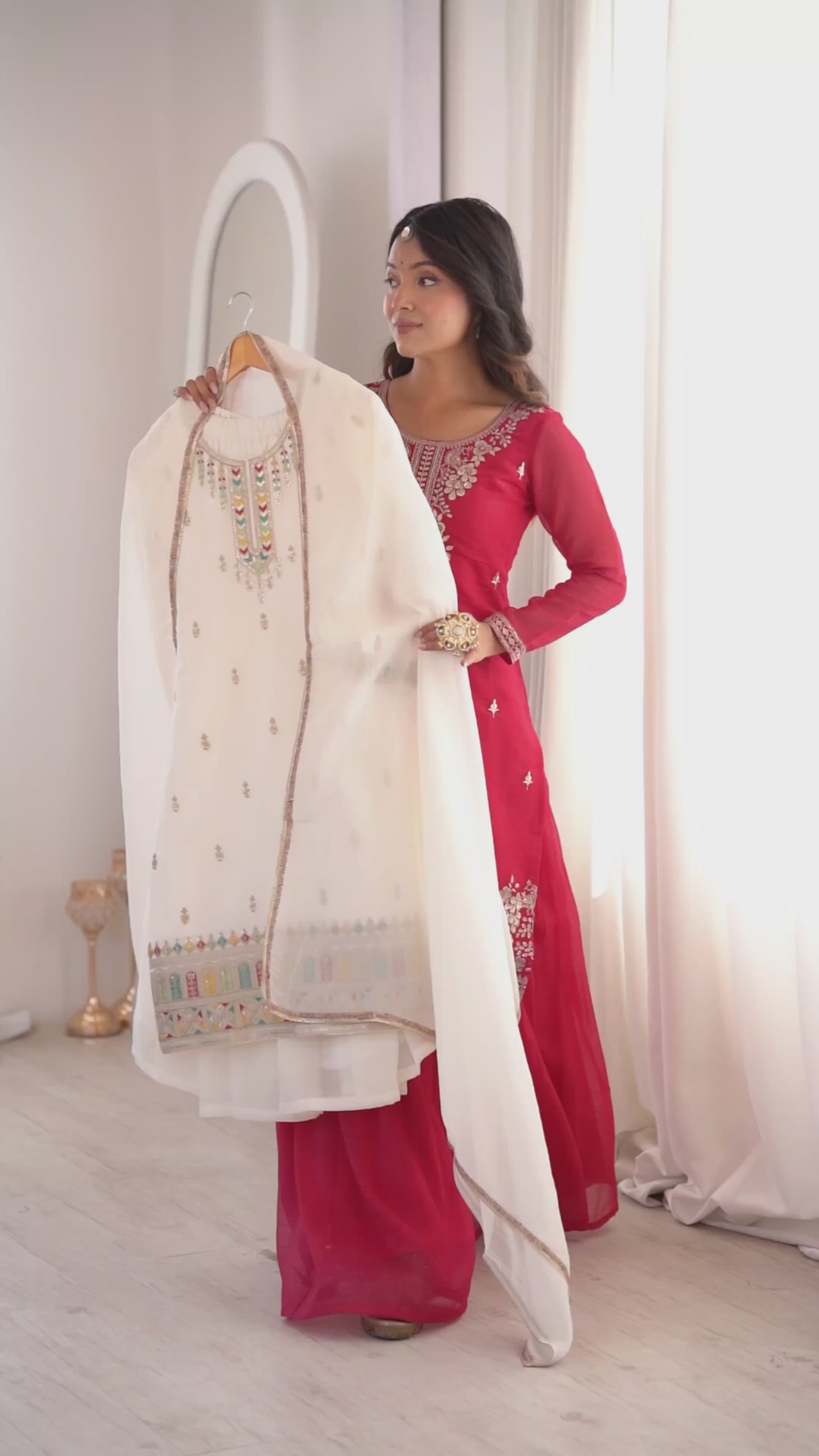 Pure Soft Crunchy Silk Sequins, Dori & Zari Embroidered Top with Flared Sharara & Multi-Colour Lace Dupatta Set
