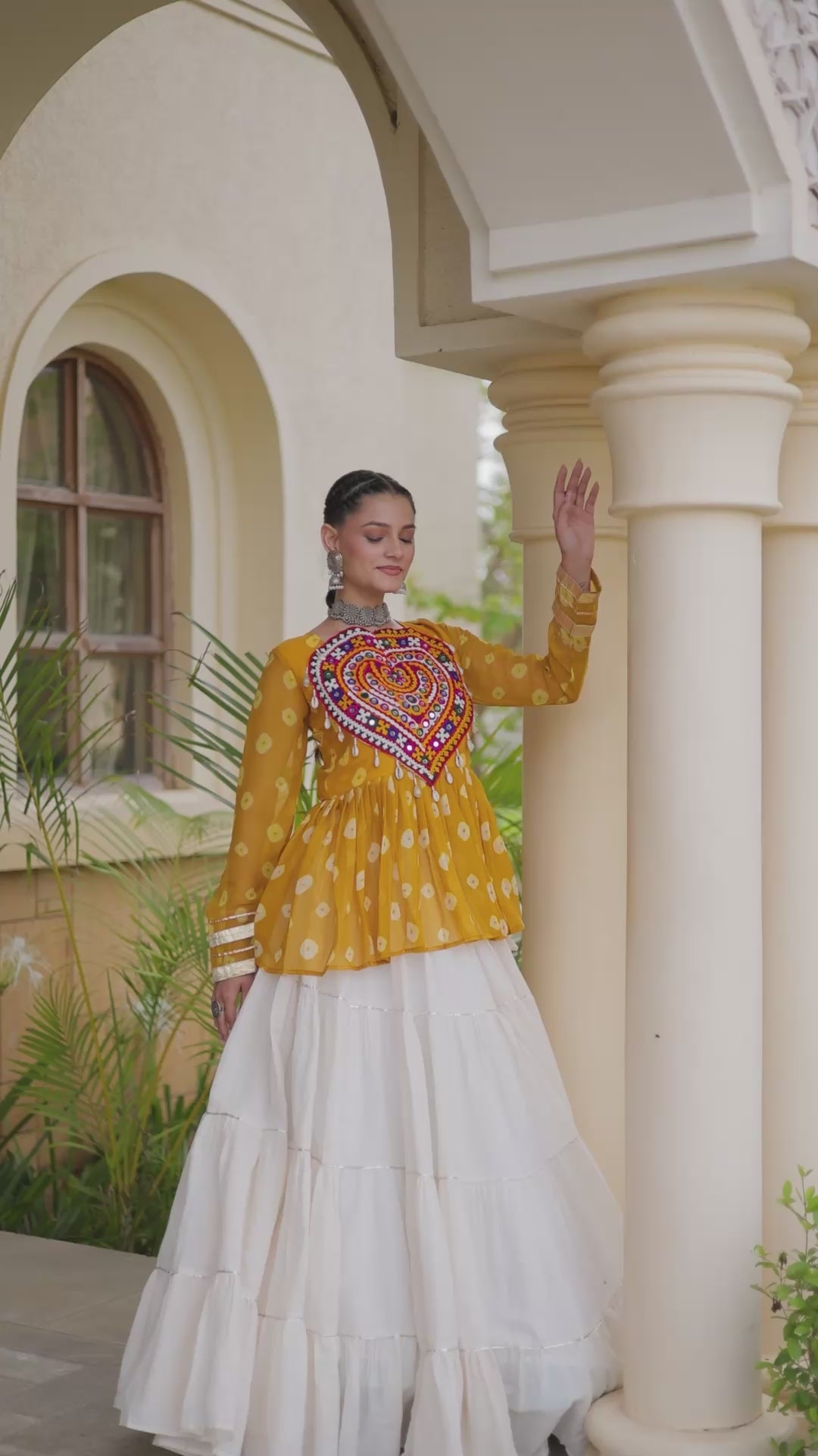 ndo-Western Navratri Set: Mirror & Patchwork Georgette Top with Heavy 12-Meter Frill Lehenga