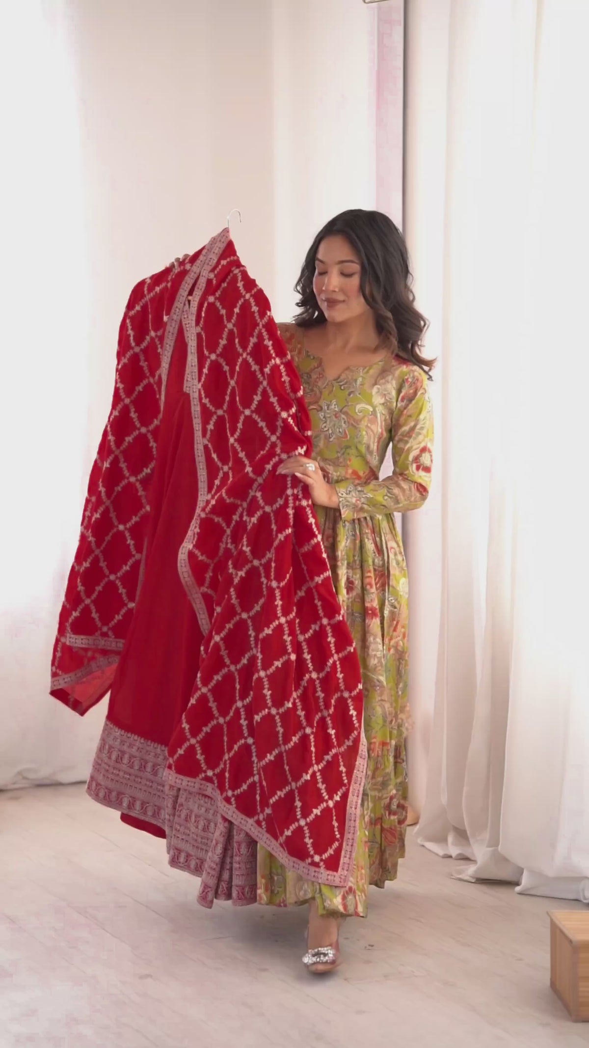 Pure Blooming Vichitra Silk Flared Anarkali Gown Set with Dori Sequins Embroidery & Tasseled Shawl Dupatta