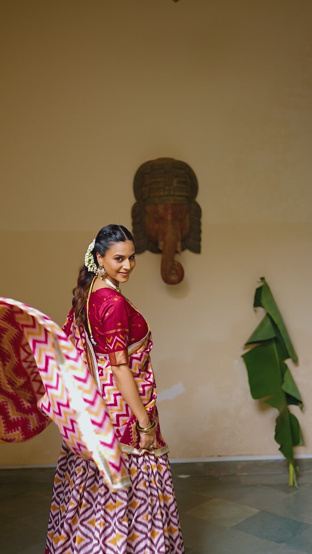 Tussar Silk Ikat & Foil Printed 3.80-Meter Flared Lehenga Set with Embossed Lace Dupatta & Unstitched Blouse