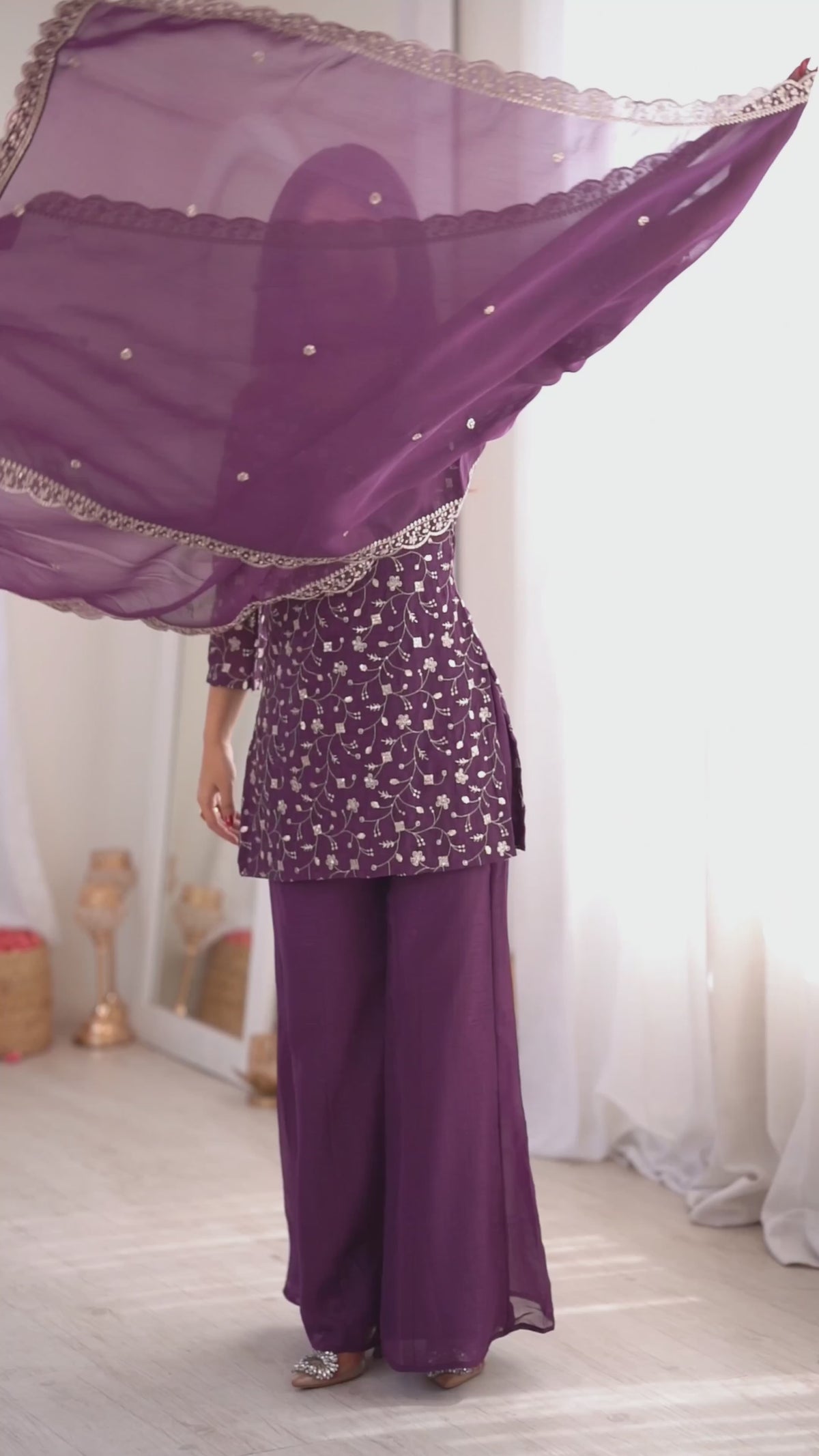 Glamorous Crunchy Silk Embroidered Bell-Bottom Suit Set with Sequence Work & Dupatta