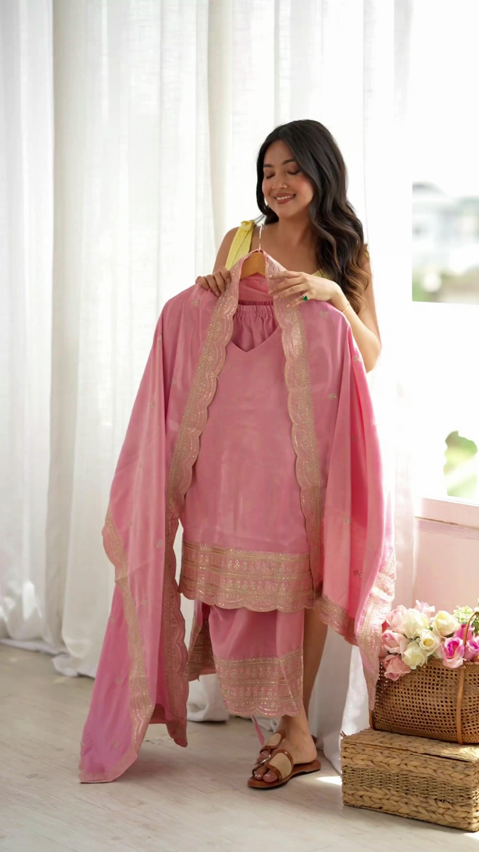 GLASS ROMAN SILK FABRIC WITH EMBROIDERY SEQUENCE DORI AND JARI WORK TOP,DUPPTA SET WITH FARSHI SHALWAR