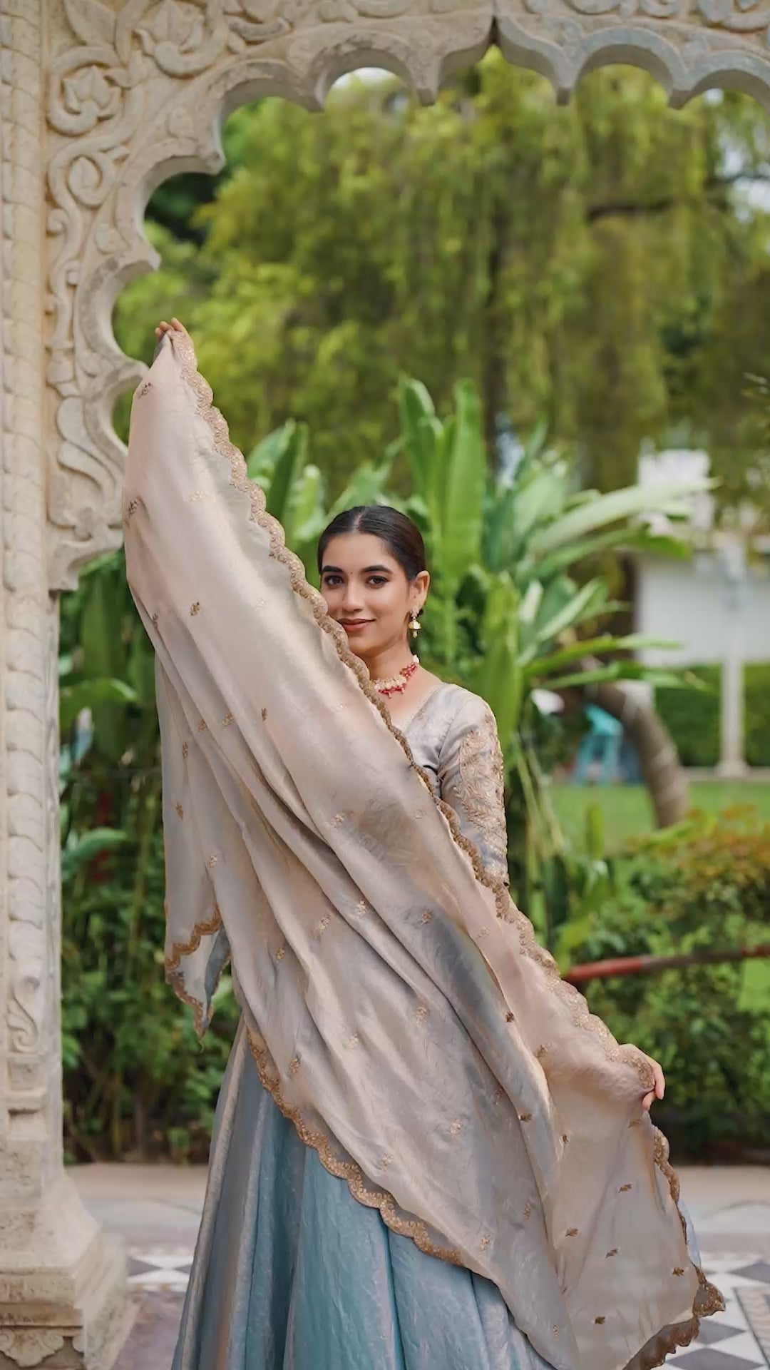 Pastel Fendi Sequins & Thread Embroidered Flared Lehenga Choli Set with Gold Lace Detailing