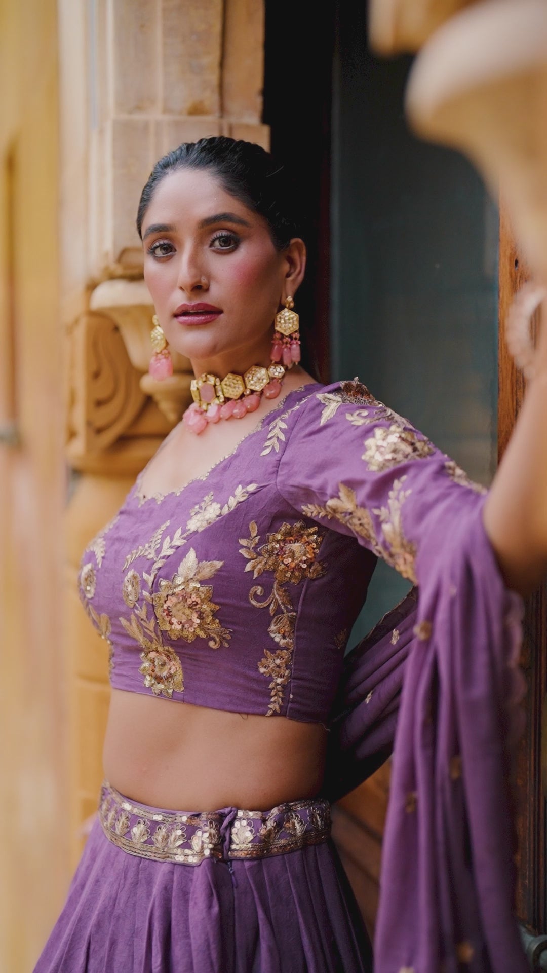 Chocolate Crush Golden Sequins & Thread Embroidered Lehenga Choli Set with Cancan & 3.50-Meter Flair