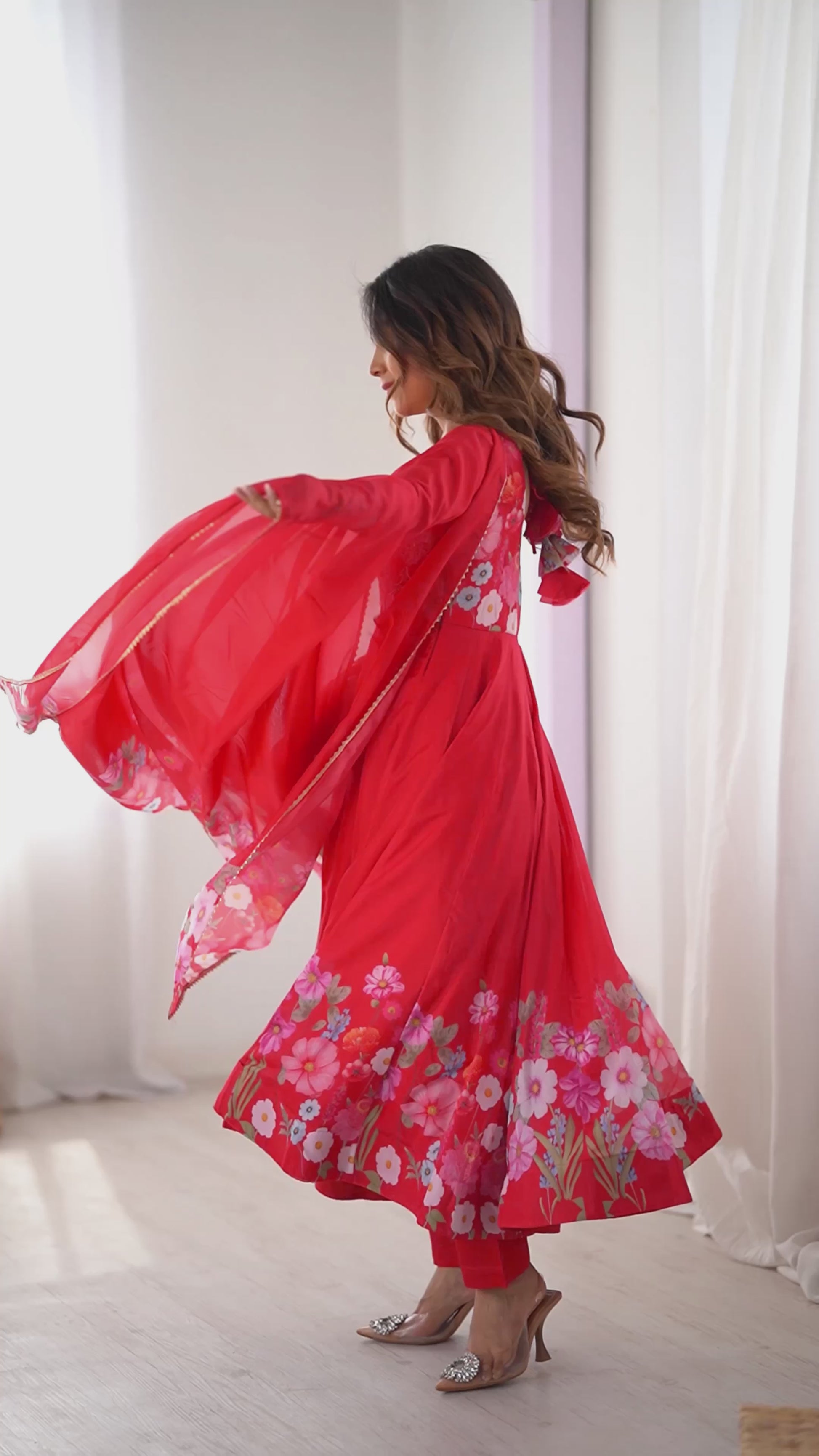 Digitally Printed & Embroidered Yoke Pure Soft Organza Anarkali Suit With Huge Flair Comes With Dupatta