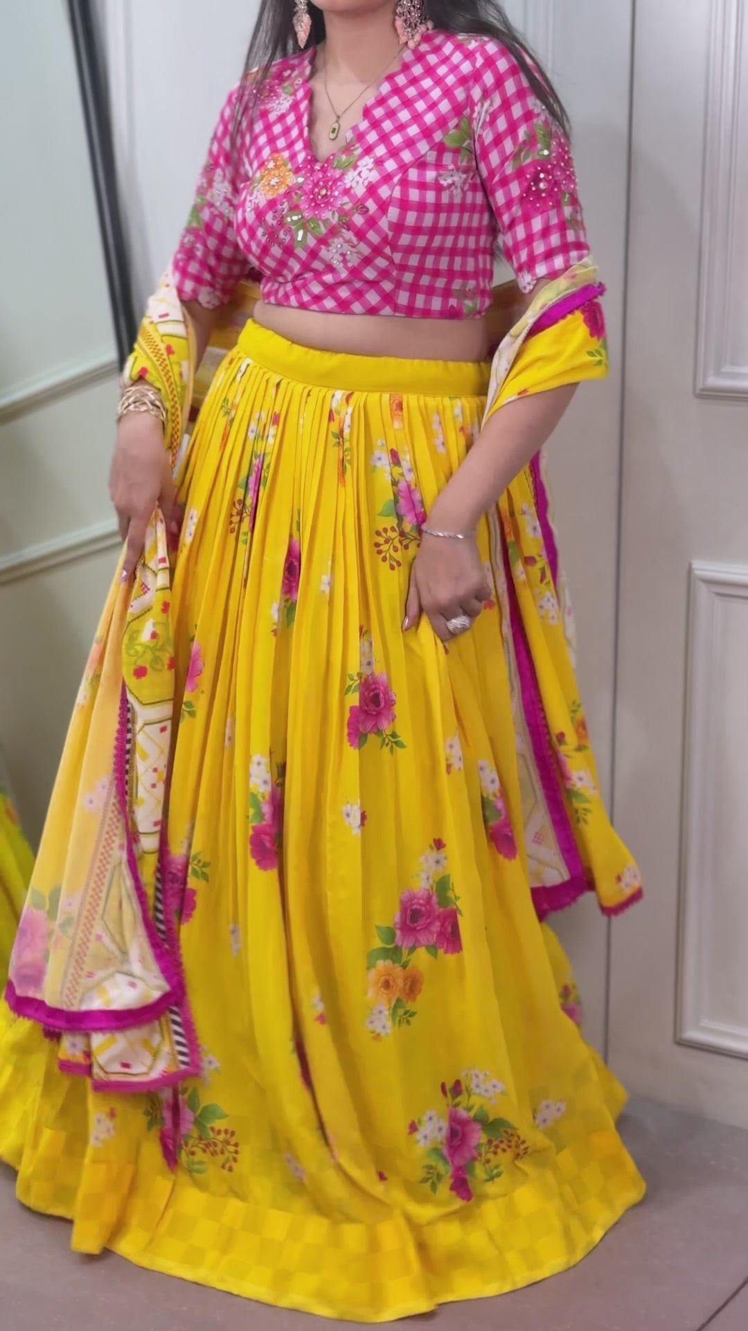 Floral Georgette Printed 4-Meter Flared Lehenga Set with Handwork Blouse & Lace Dupatta
