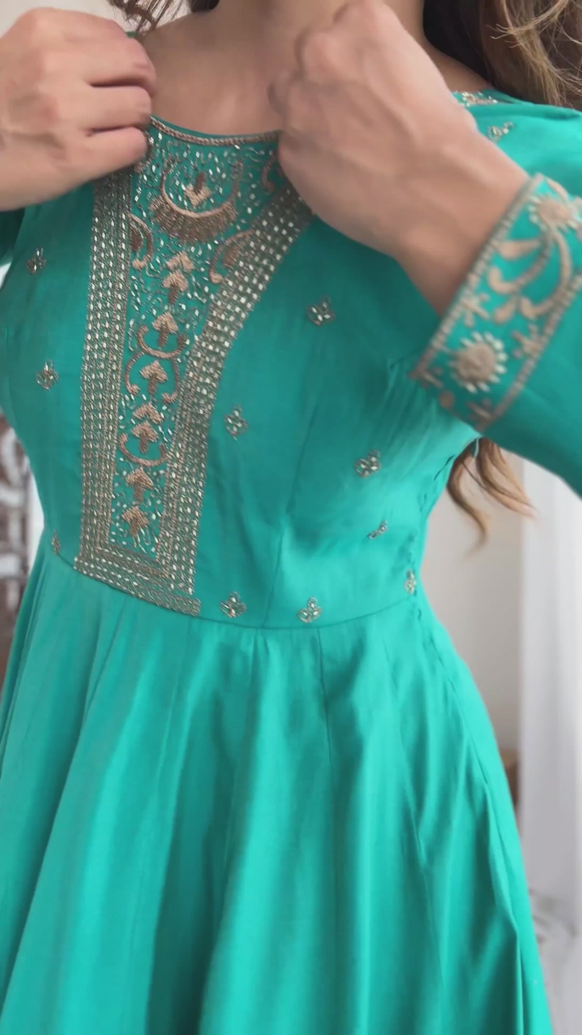 Pure Roman Shimmer Chanderi Silk 16-Kali 4-Meter Flared Anarkali Set with Handwork Beads Yoke, Pant & Embroidered Dupatta