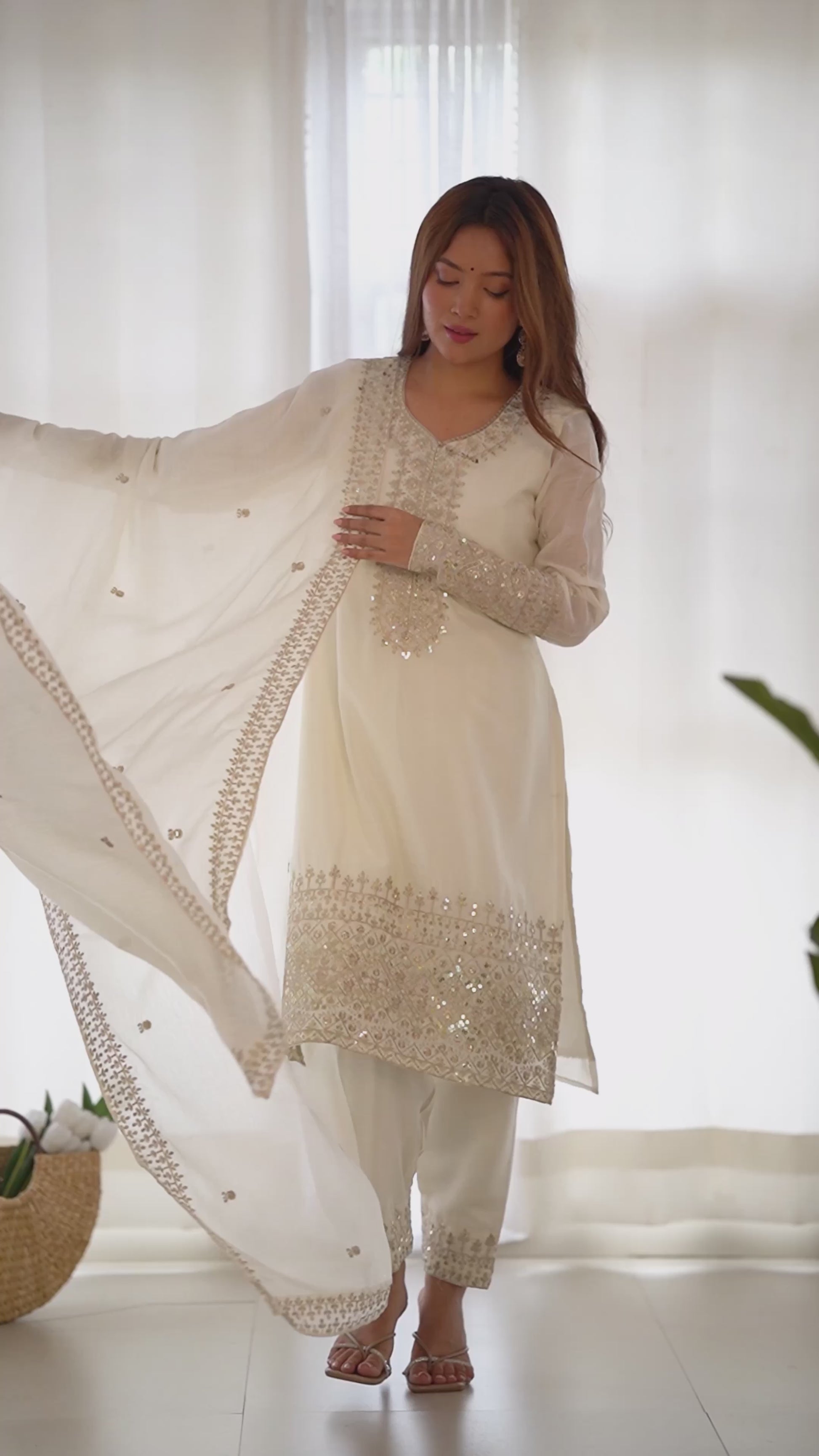 Pure Chinon Silk Straight-Fit Yoke Embroidered Sequins & Zari Work Kurta Set with Trousers & Dupatta
