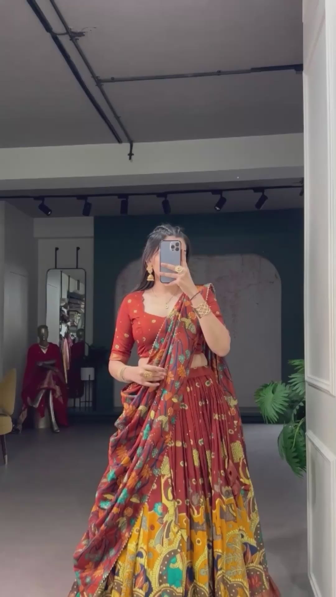 Tussar Silk Kalamkari Print & Foil Work Border Lehenga Choli Set with Gota Patti Dupatta