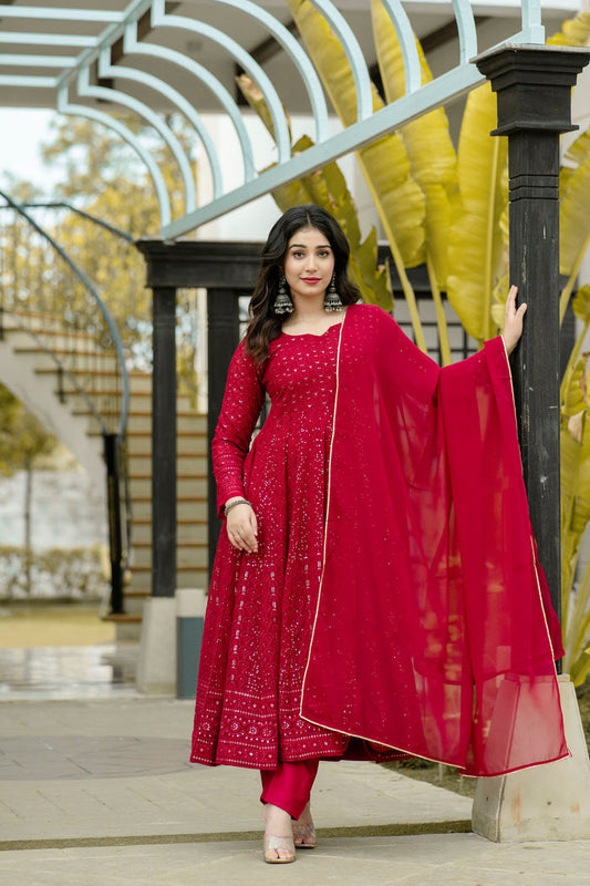 Georgette Embroidered Red Anarkali Suit With Dupatta